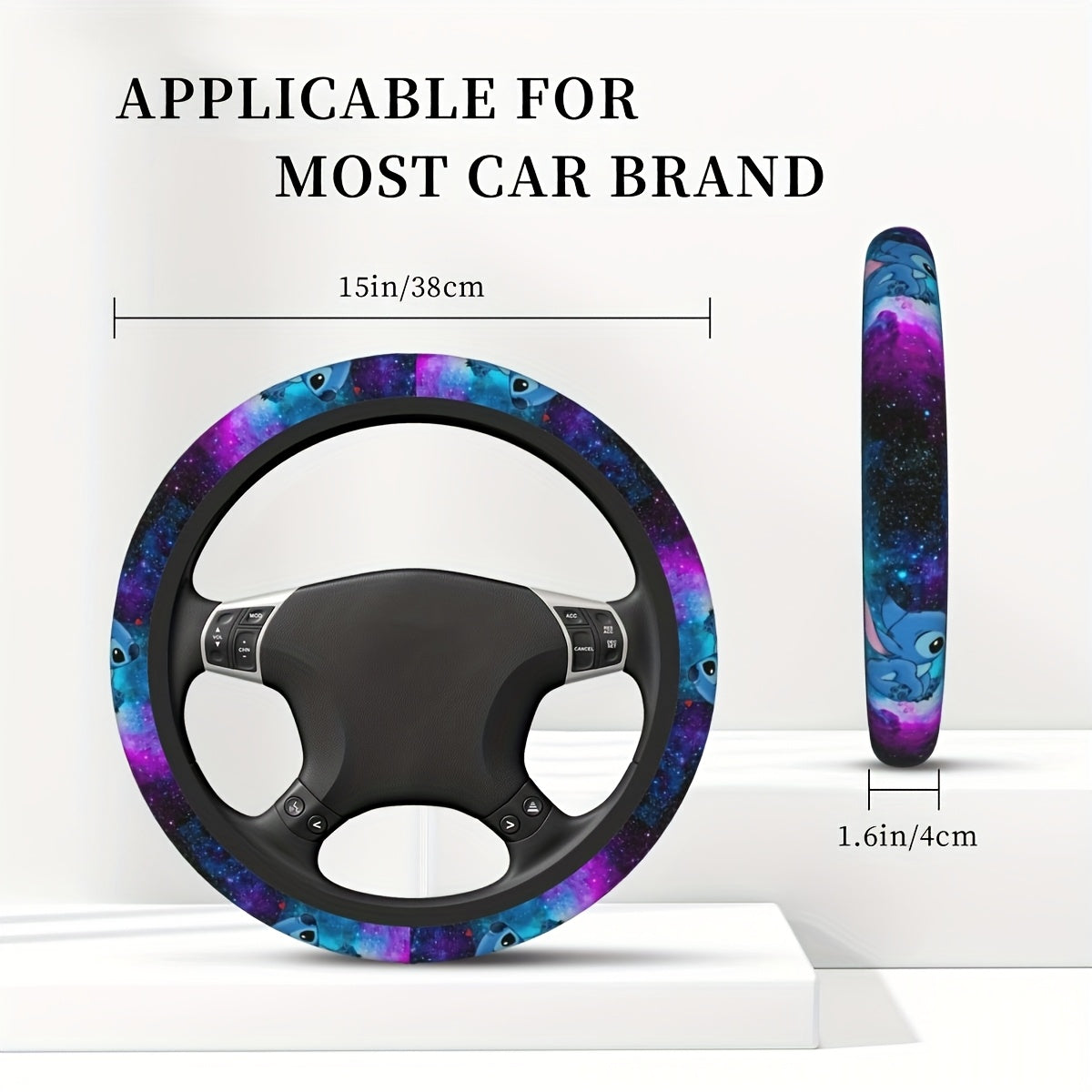15 Inch Disney Stitch Catone Steering Wheel Cover, Universal Fit, No Inner Circle, Polyester Fiber, Anti-Slip, Protective, for Car, Truck, SUV, Men and Women
